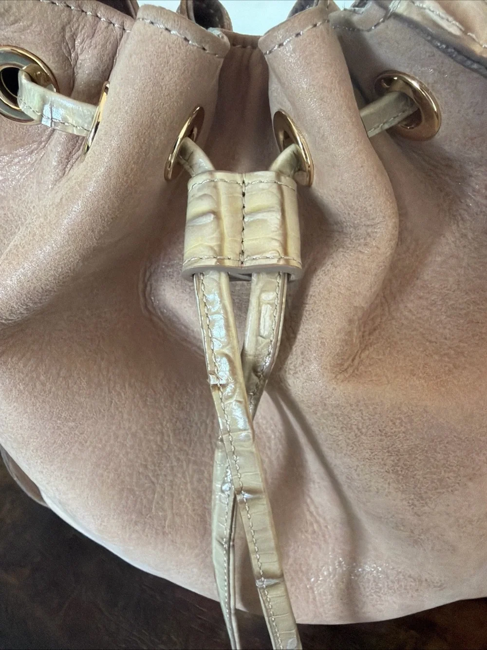 Brahmin Blush Taupe Drawstring Hobo Bucket Bag alligator embossed Tassel